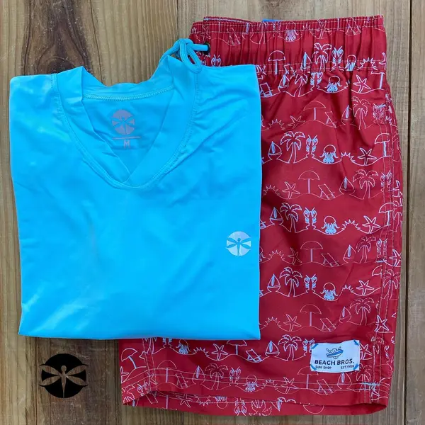 Conjunto Caballeros (Playera UV + Short) · Celeste Rojo Playa