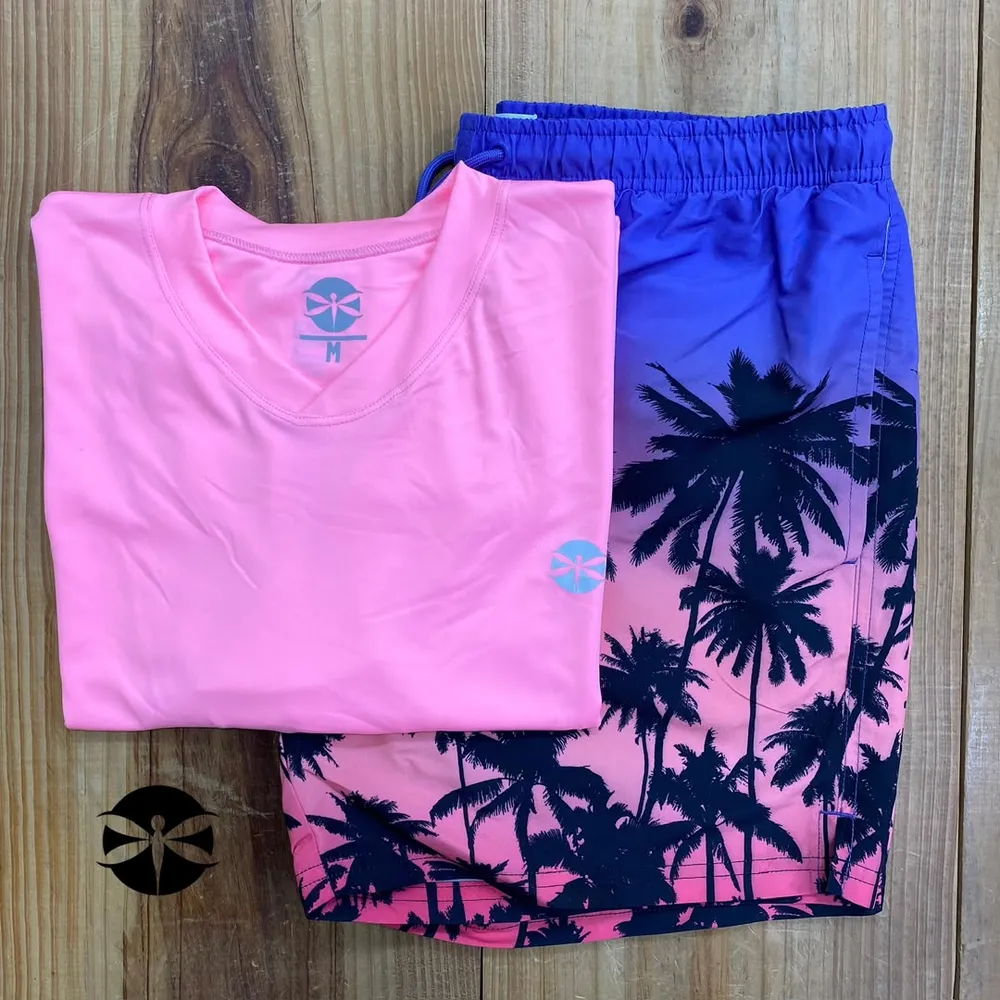 Conjunto Caballeros (Playera UV + Short) · Rosa Sunset Palmeras