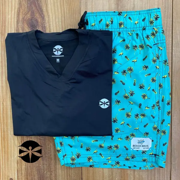 Conjunto Caballeros (Playera UV + Short) · Negro Palmeras Piñas Celeste