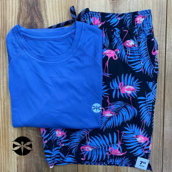 Conjunto Caballeros (Playera UV + Short) · Azul Flamingo Palmas Negro