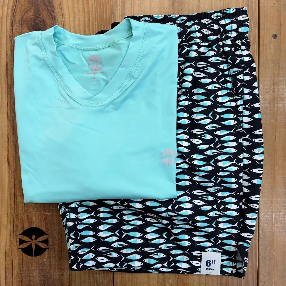Conjunto Caballeros (Playera UV + Short) · Celeste Peces negro