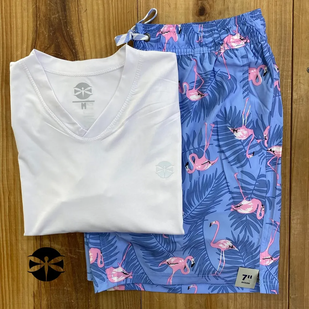 Conjunto Caballeros (Playera UV + Short) · Blanco Flamingo Azul