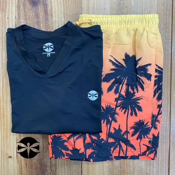 Conjunto Caballeros (Playera UV + Short) · Negro Sunset Amarillo Naranja