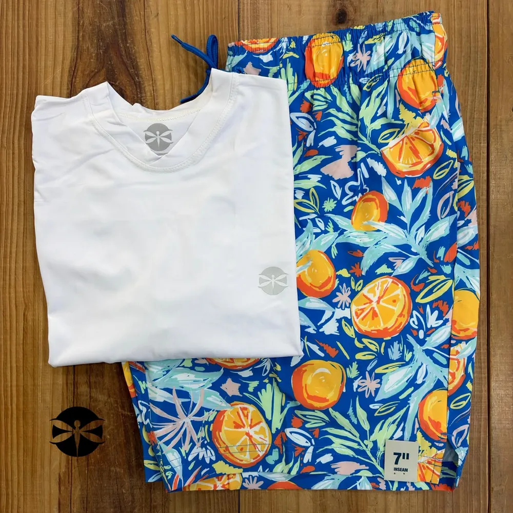 Conjunto Caballeros (Playera UV + Short) · Blanco Azul Naranjas