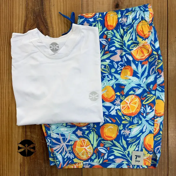 Conjunto Caballeros (Playera UV + Short) · Blanco Azul Naranjas
