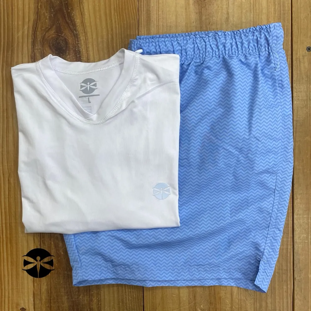 Conjunto Caballeros (Playera UV + Short) · Blanco Celeste Zigzag