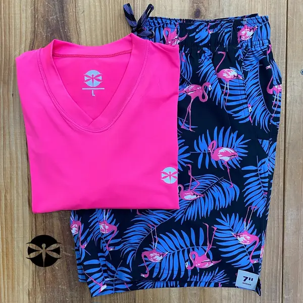 Conjunto Caballeros (Playera UV + Short) · Magenta Flamingo Palmeras Negro