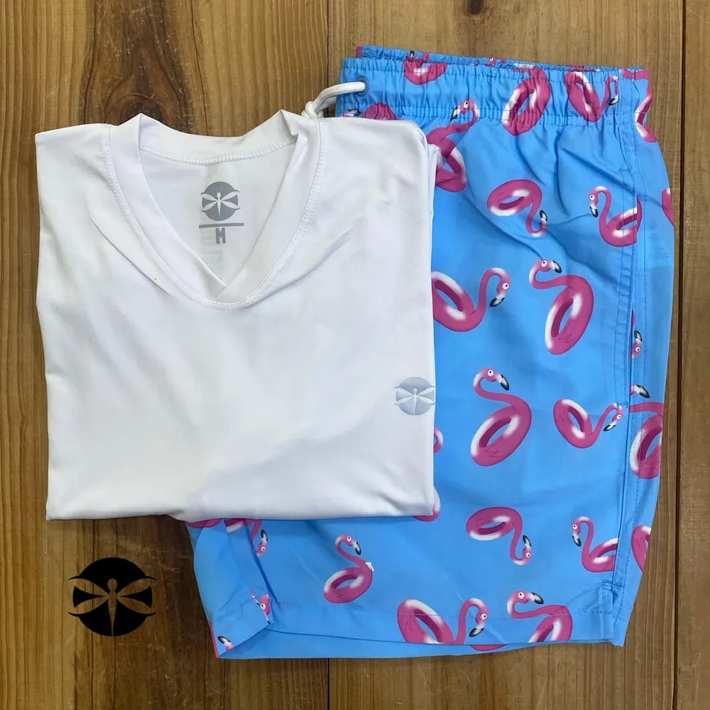 Conjunto Caballeros (Playera UV + Short) · Blanco Inflable Flamingo Azul